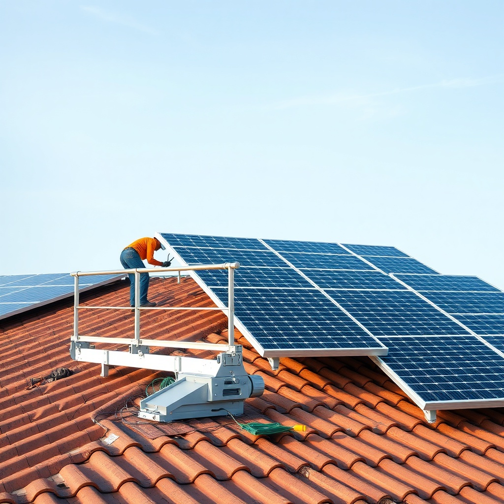 <clean photorealistic photo of a Çatı Panel Sistemi X roof with solar panels being mounted