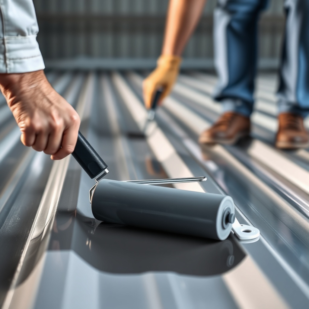 <close-up professional photo of a construction worker preparing a clean metal roof surface