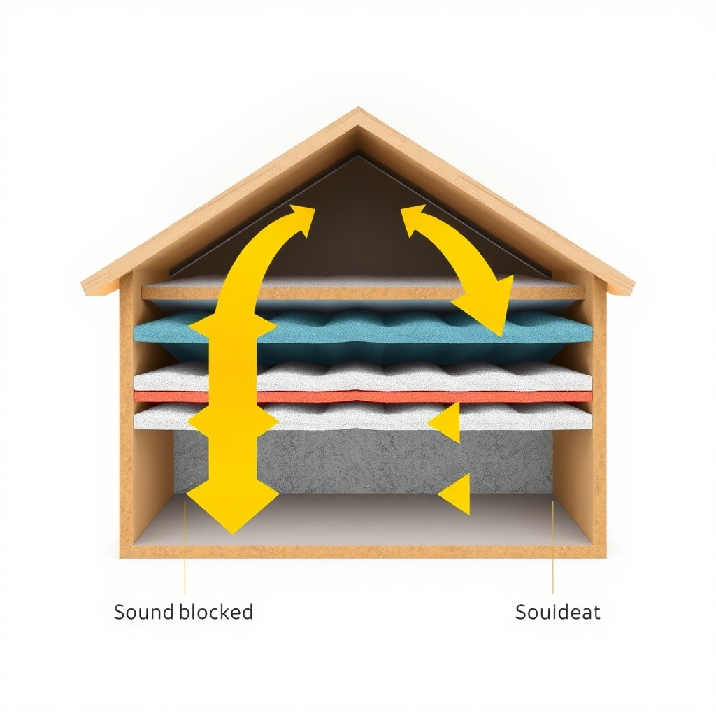 A photorealistic cross-section illustration of a soundproof roof with multiple insulation