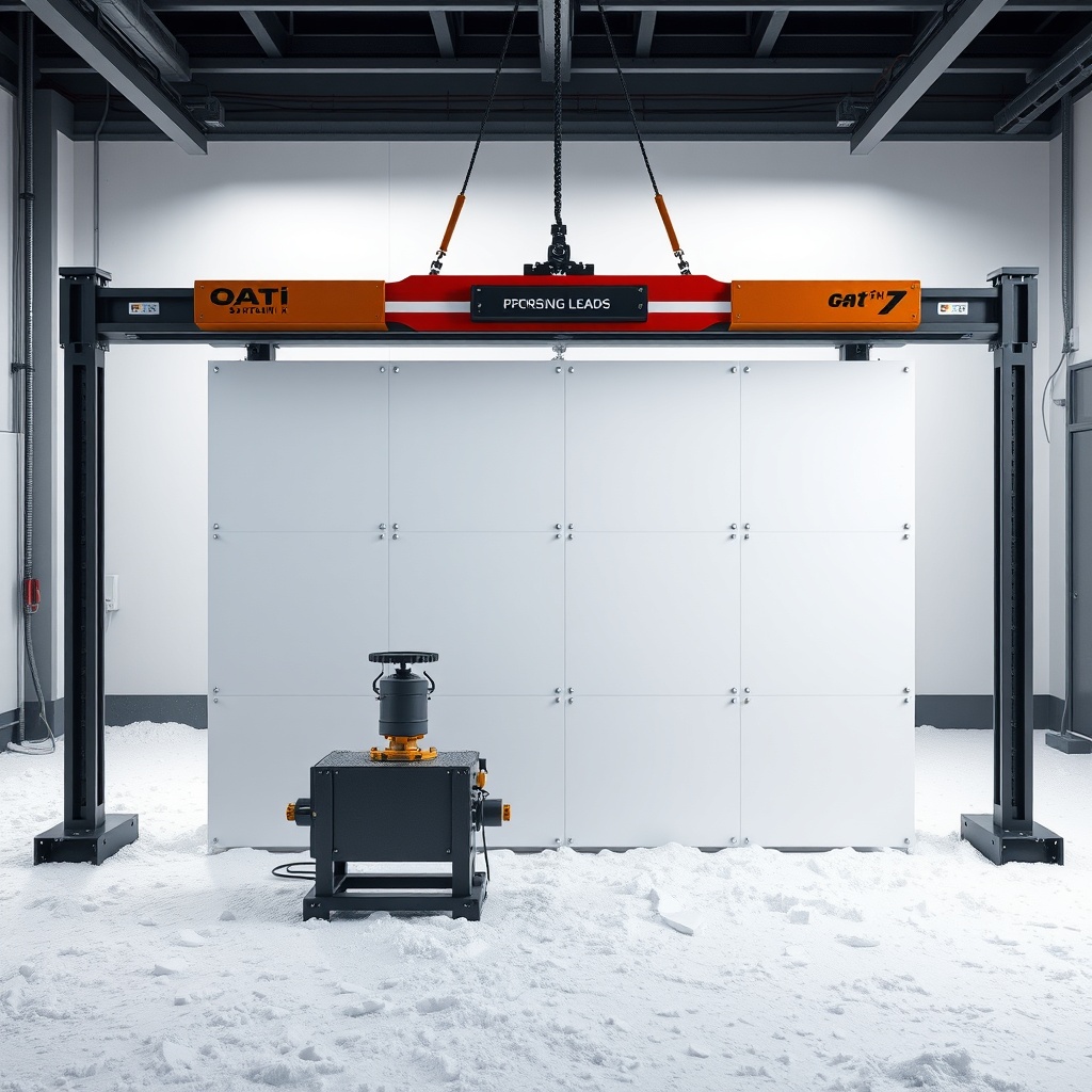 A photorealistic side-angle view of a snow-covered Çatı Panel Sistemi X test setup in a la