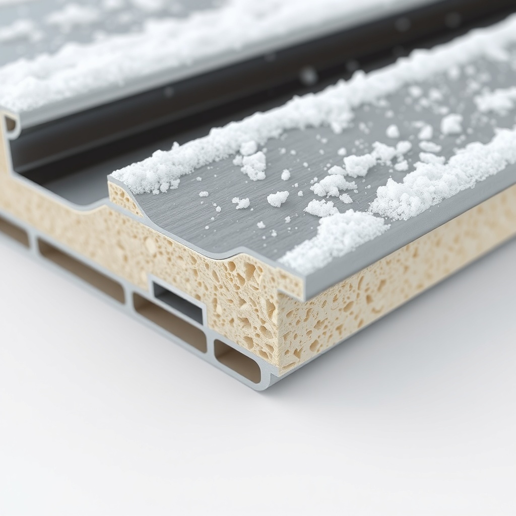 A highly detailed photorealistic close-up of the Çatı Panel Sistemi X panel’s cross-sectio