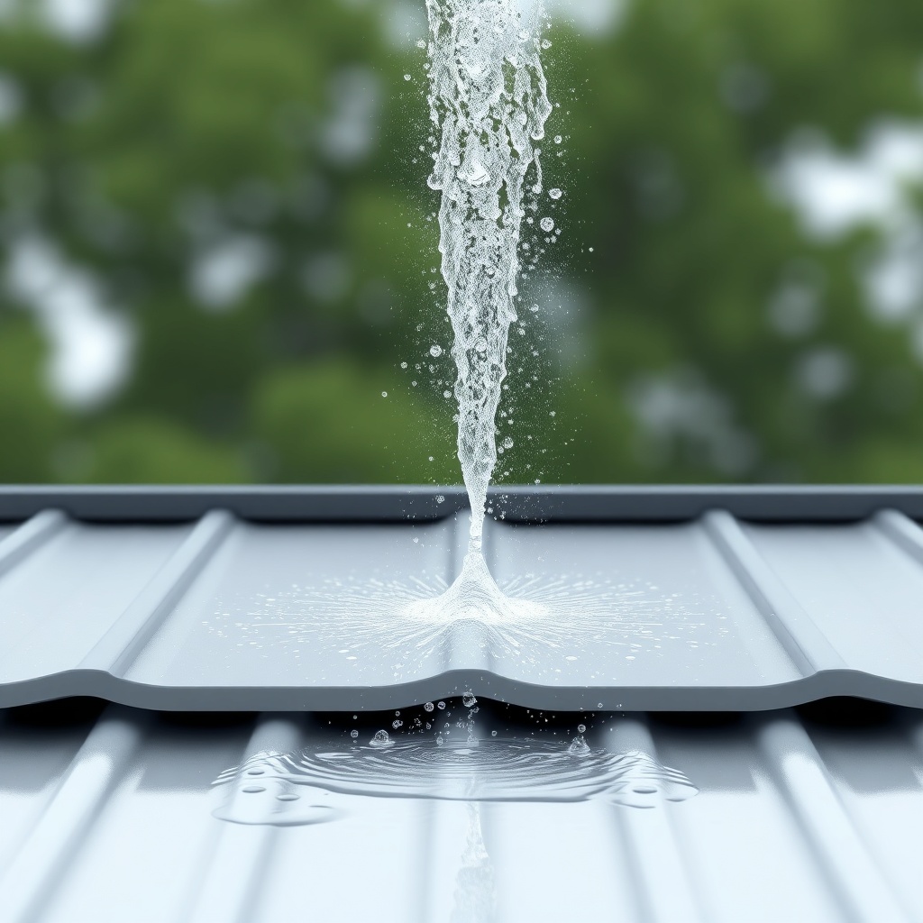 <clean photorealistic photo/illustration of a water spray test on Çatı Panel Sistemi X roo