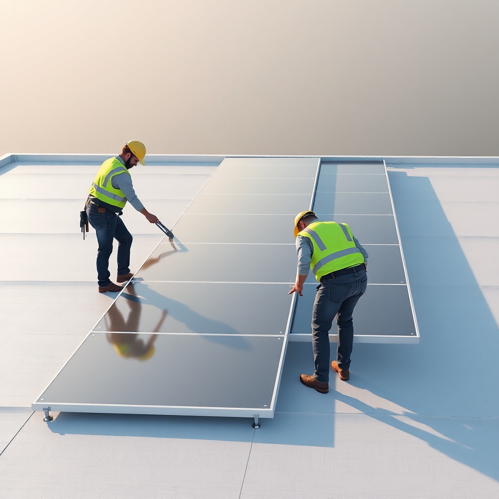 <clean photorealistic photo/illustration of workers installing Çatı Panel Sistemi X panels