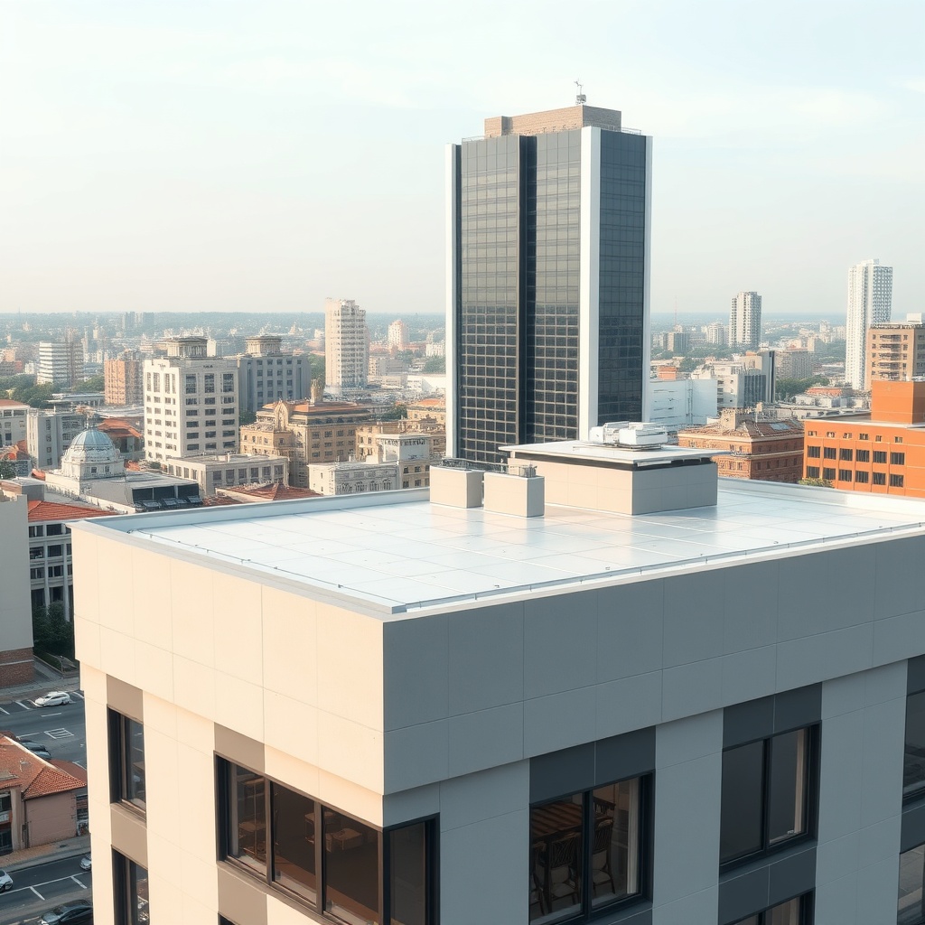 <clean photorealistic photo of a modern building with Çatı Panel Sistemi X installed on th