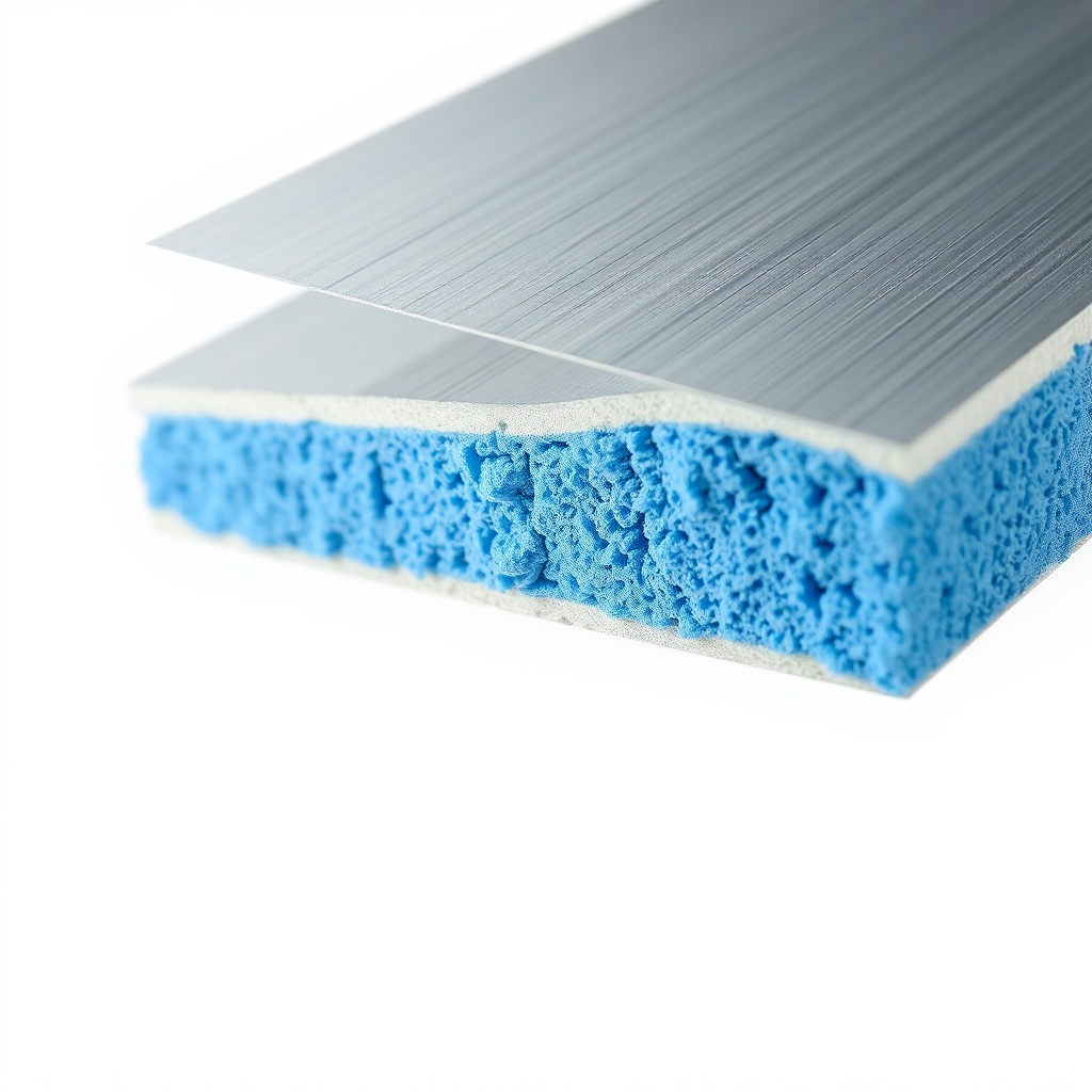 Close-up cross-section of a sandwich panel showing polyurethane foam core between two meta