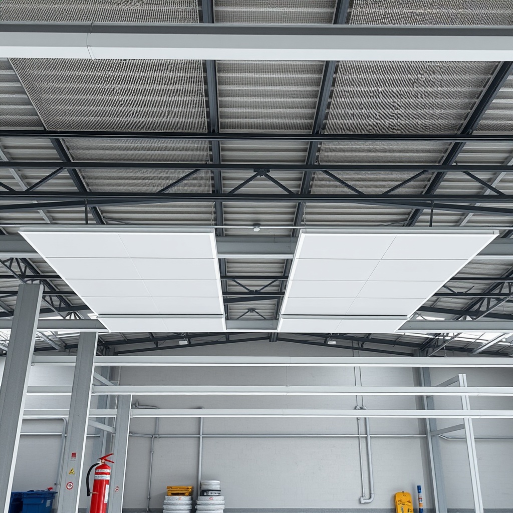 <clean photorealistic photo of a warehouse roof installation with Çatı Panel Sistemi X pan
