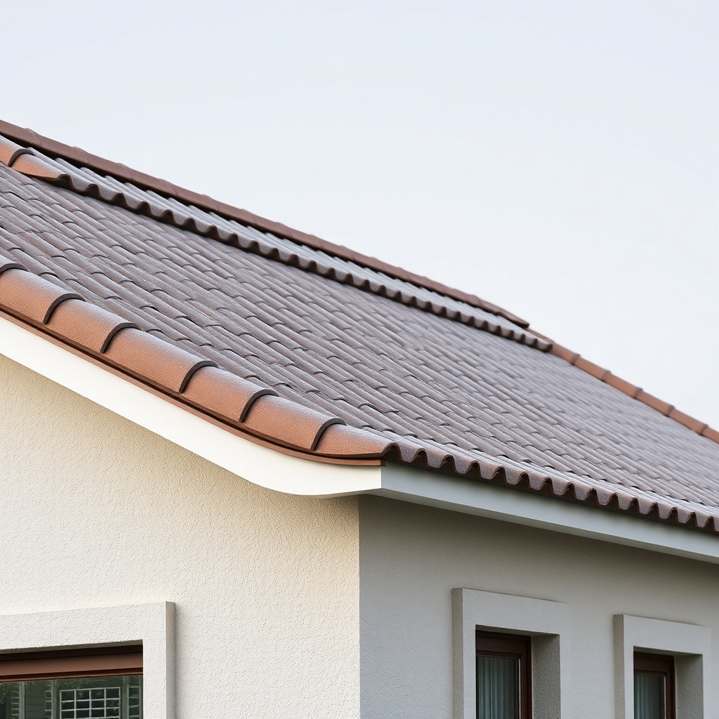 <clean photorealistic photo of kiremit modeli a roof ridge with curved ridge tiles properl
