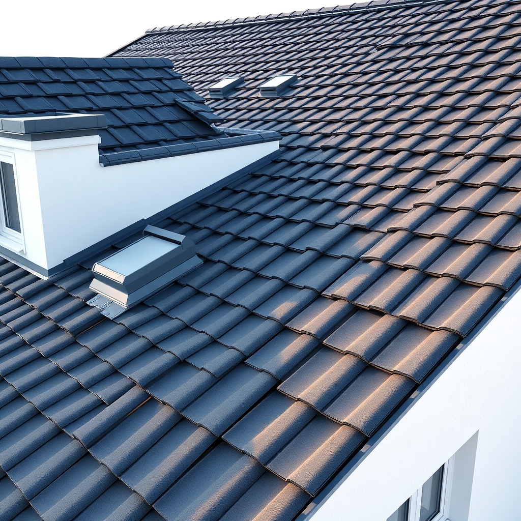 photorealistic wide shot of a modern house roof with Kiremit Model A tiles