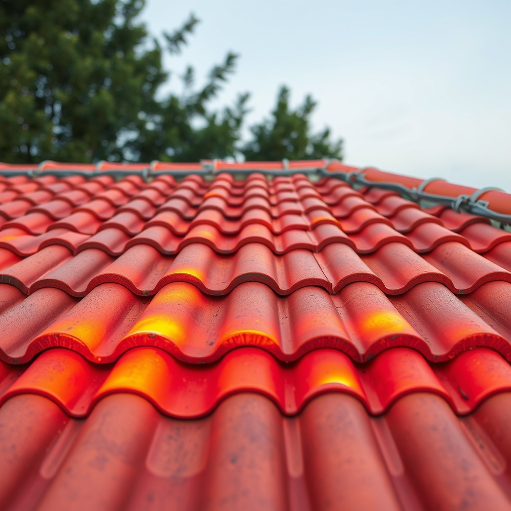 <clean photorealistic photo of Kiremit Modeli A tiles on a roof with thermal camera overla