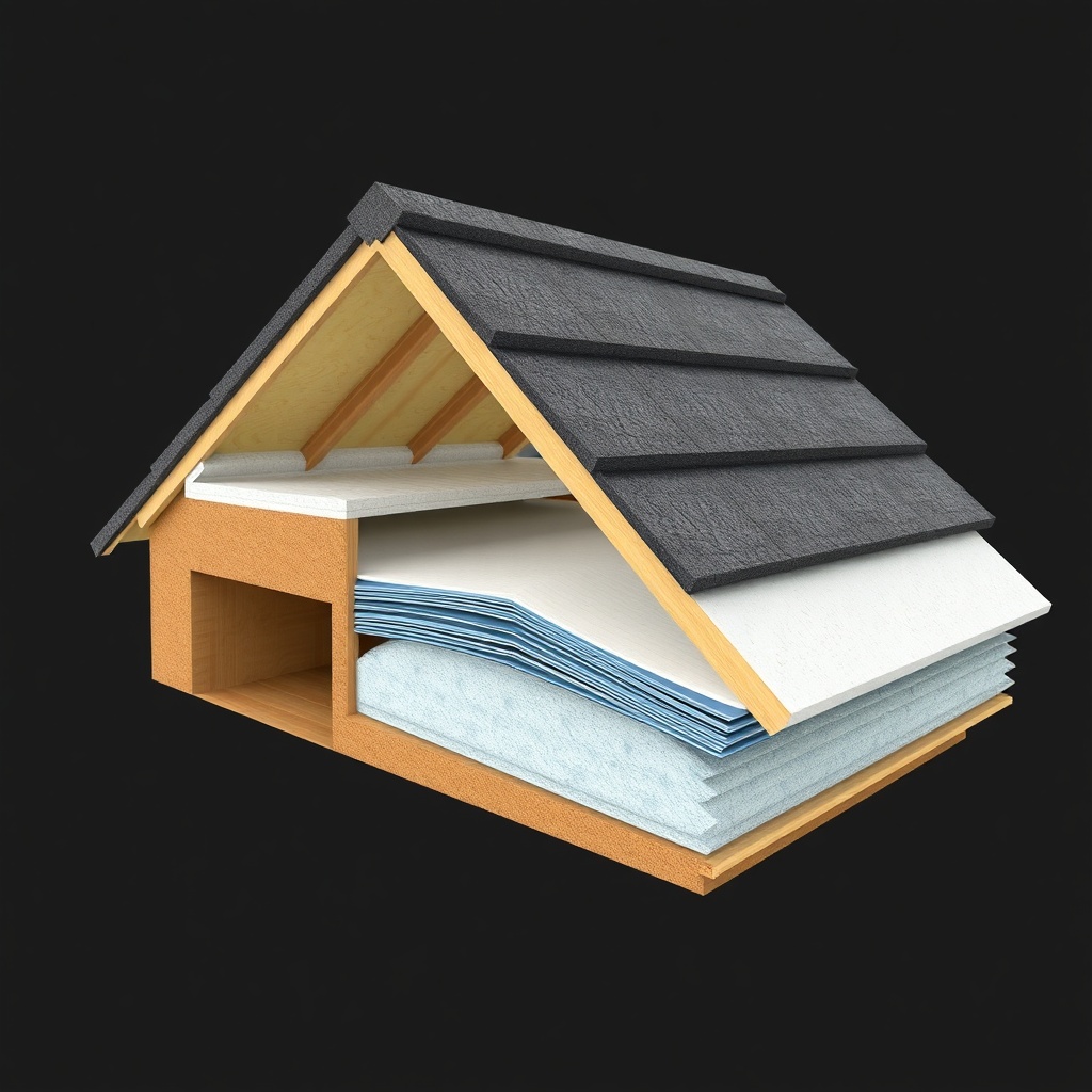 <clean photorealistic cross-section illustration of Kiremit Modeli A roof assembly showing