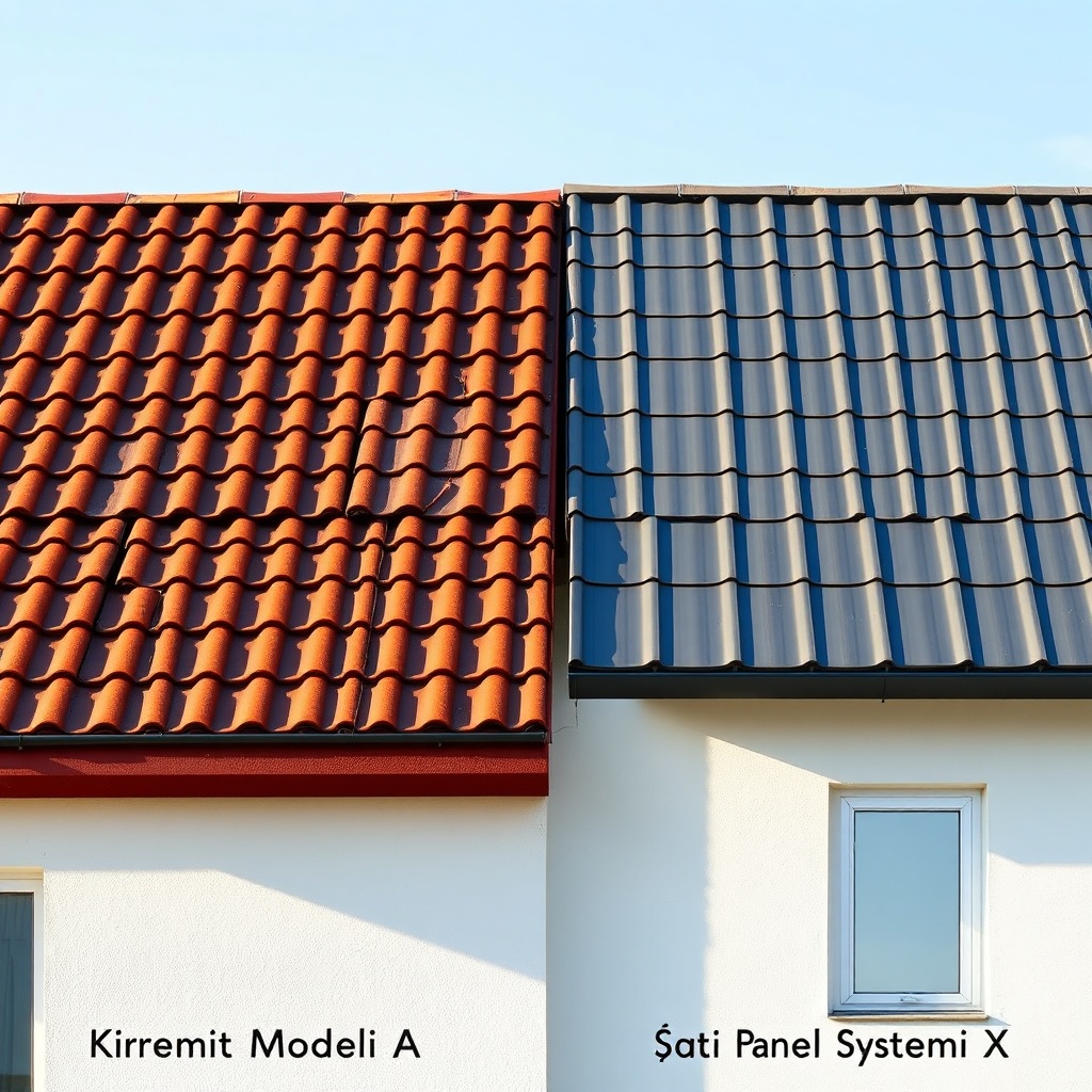 <A photorealistic photo showing a side-by-side comparison of a traditional clay tile roof
