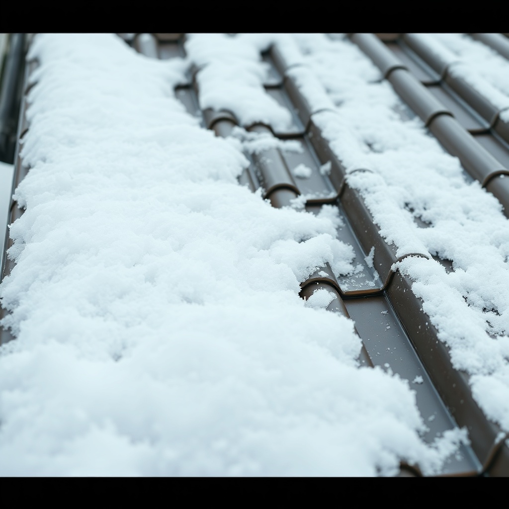 <A photorealistic photo showing a close-up of Kiremit Model A tiles after a heavy snowfall