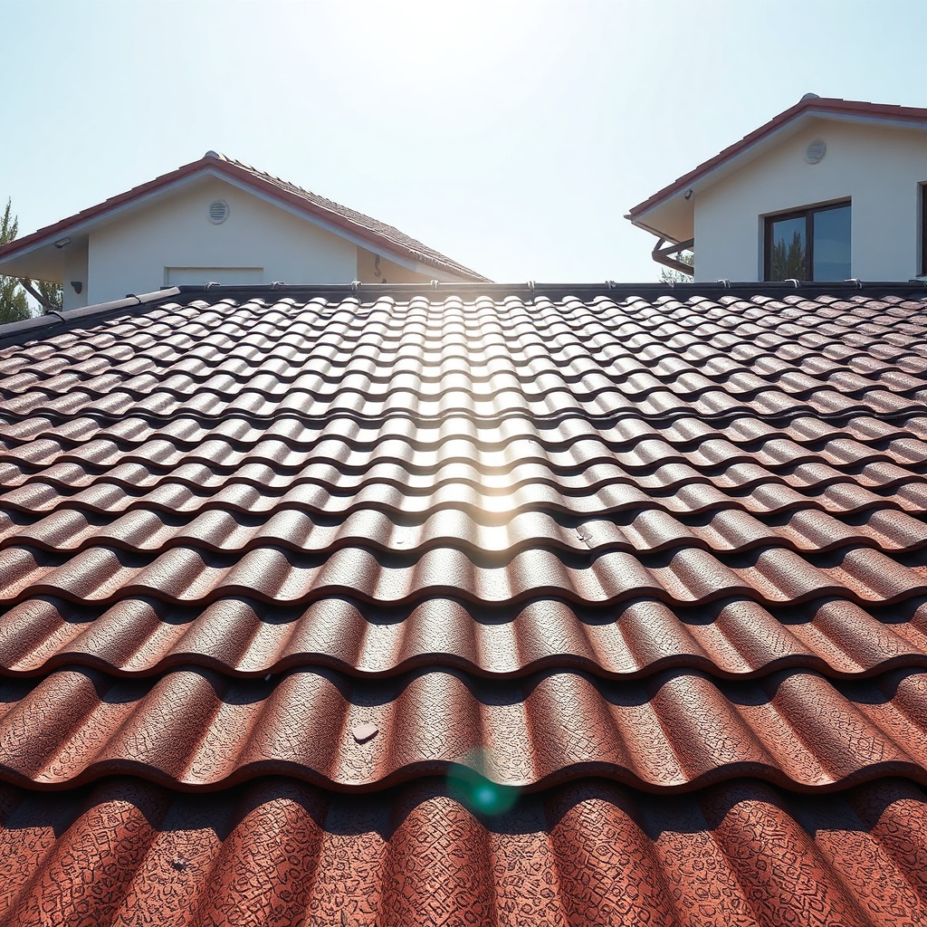 <photorealistic photo of a roof covered with Kiremit Modeli A tiles under bright sunlight