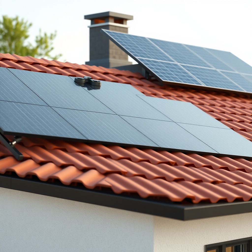 <clean photorealistic photo of Kiremit Modeli A on a pitched roof with solar panels instal