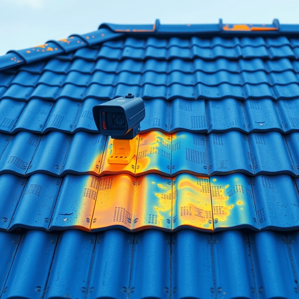 <clean photorealistic photo of a thermographic camera image overlay on a roof with Kiremit