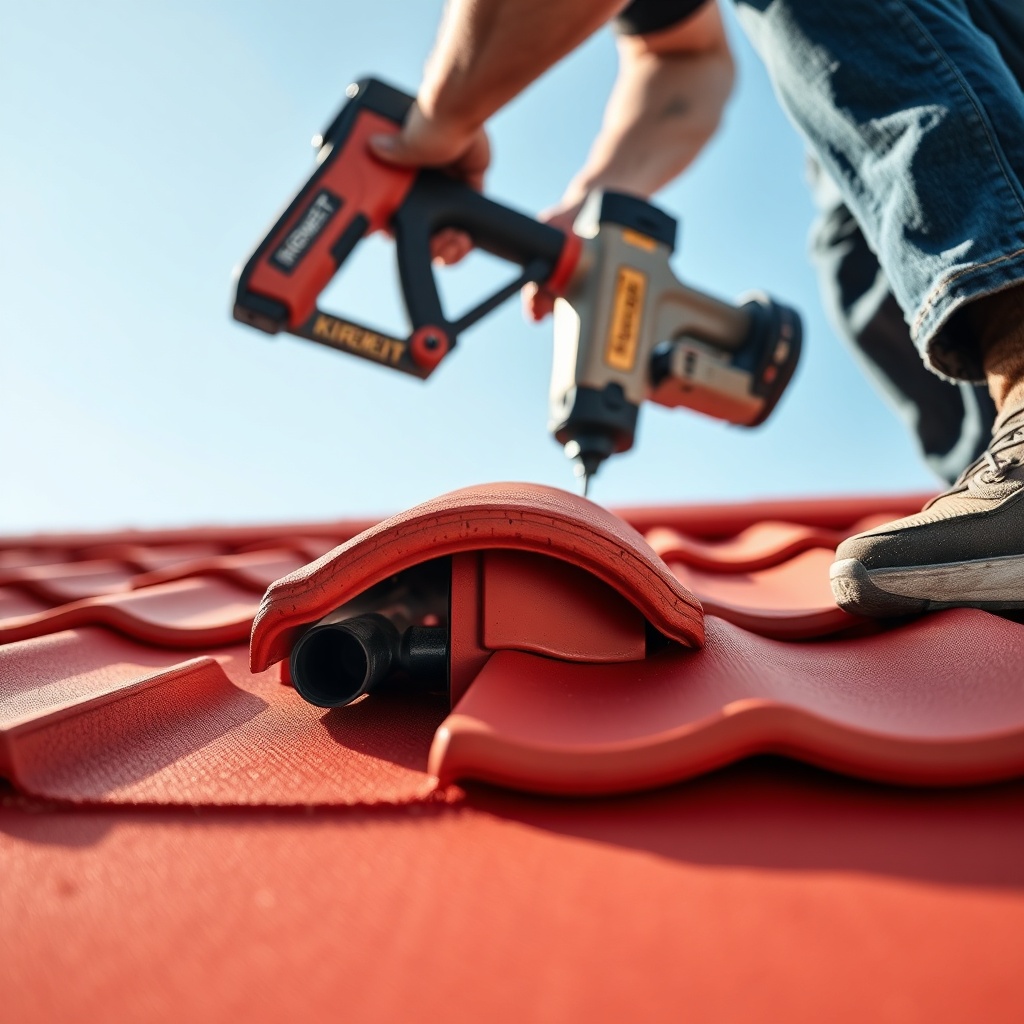 Close-up of a worker installing a red Kiremit Model A tile with a locking mechanism