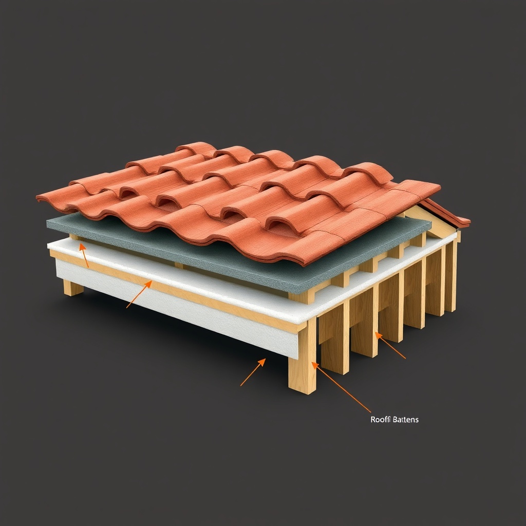Cross-section diagram of a Kiremit Model A tile roof system showing layers: tile