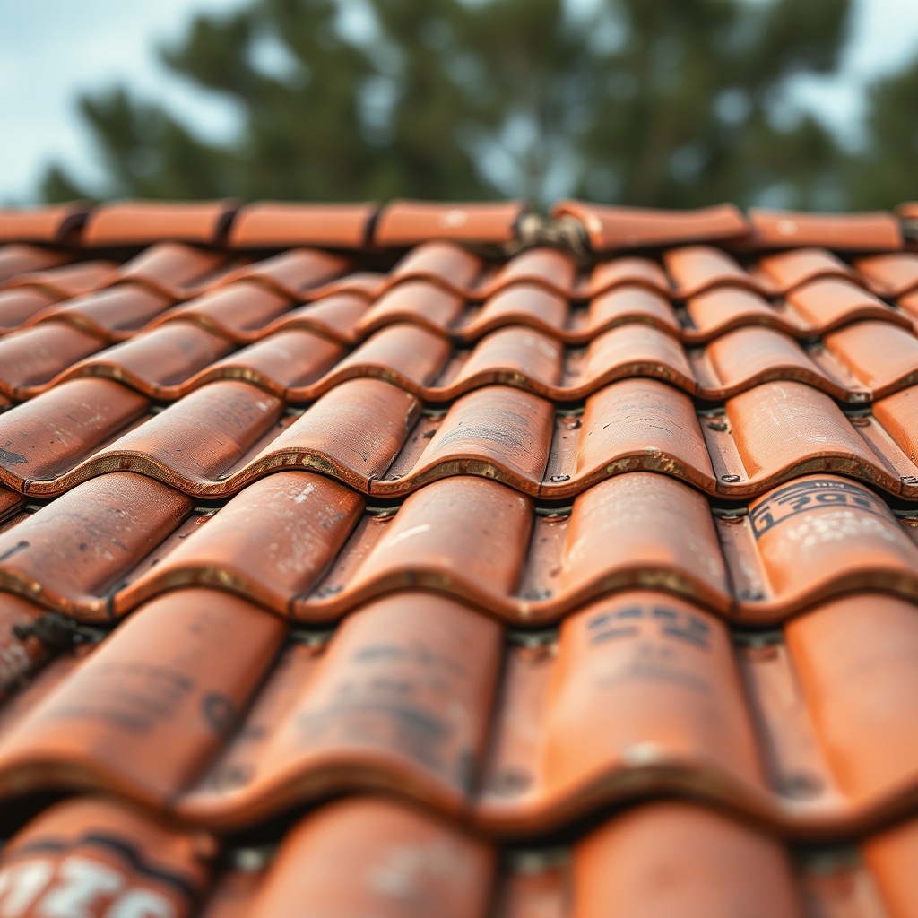 A close-up clean photorealistic photo of Kiremit Modeli A tiles on a roof during a windy d