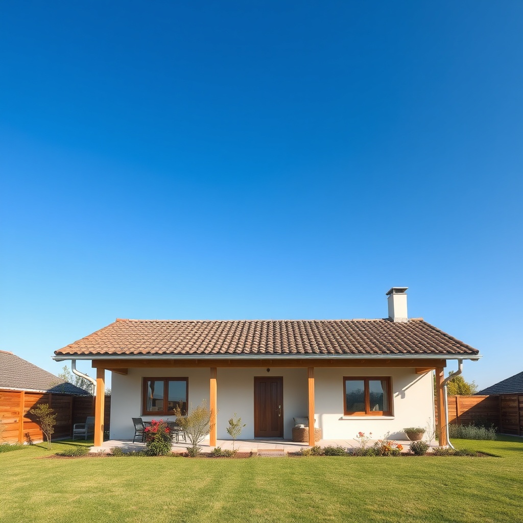 A photorealistic wide-angle photo of a newly installed Kiremit Modeli A roof under blue sk