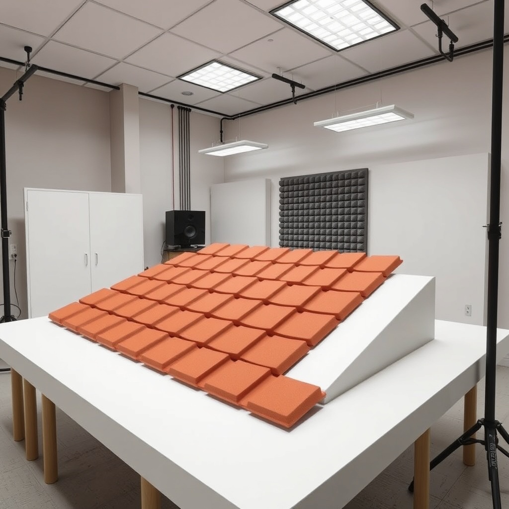 <clean photorealistic photo of a laboratory acoustic test setup with Kiremit Model A tiles