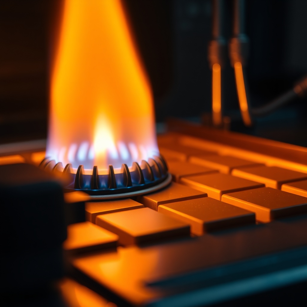 Close-up of Kiremit Modeli A tiles under intense flame from a gas burner